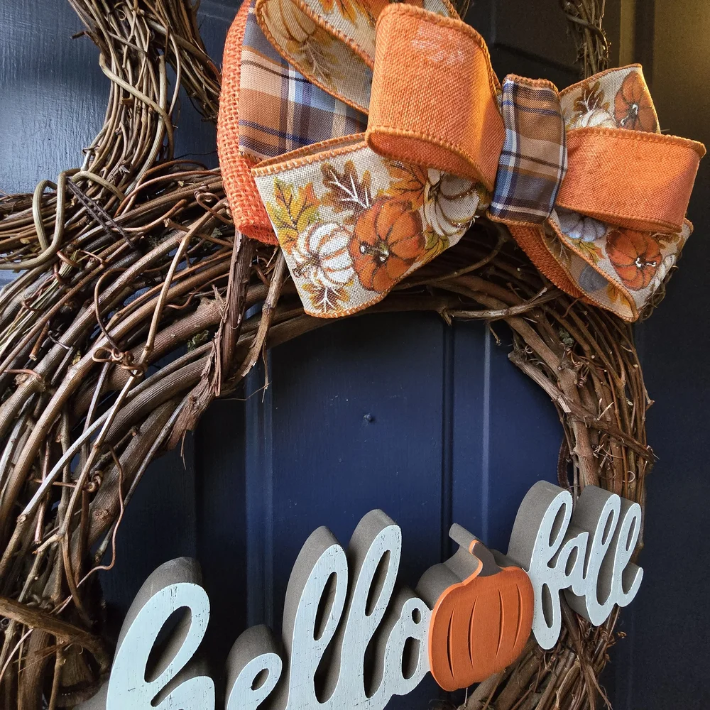 Hello Fall Paw Wreath with Bow and Pumpkin Accents